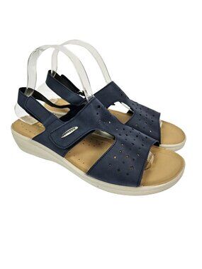 Fly Flot Piumatech Perforated Navy Blue Faux Leather Strappy Wedge Sandal 41/9.5